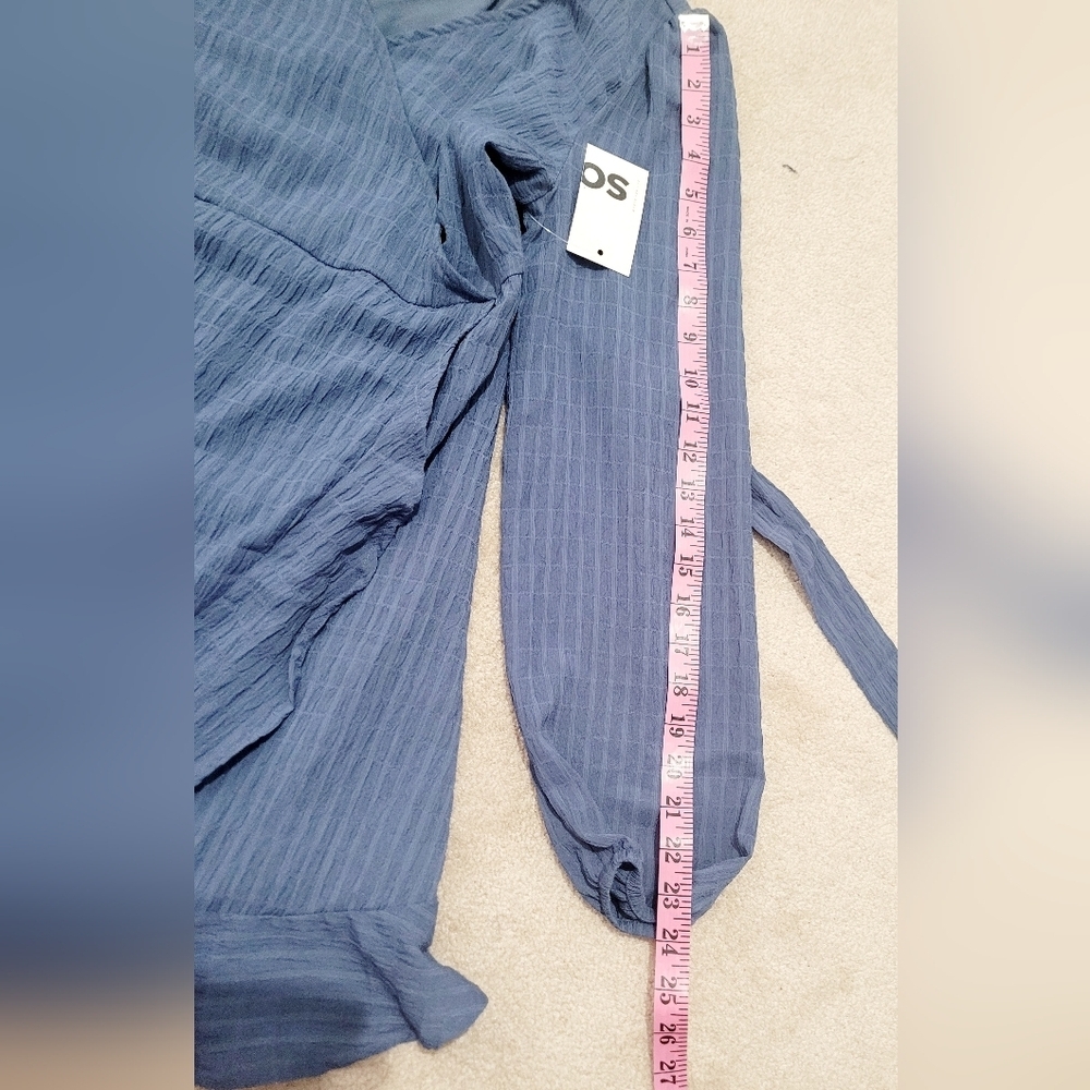 SO Woman's Faux Wrap Ruffle Hem Dress Blue Textured Long Sleeve Size Medium NEW - Picture 8 of 13